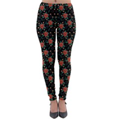 Medium Red Christmas Poinsettias On Black Lightweight Velour Leggings by PodArtist