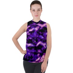 Purple  Waves Abstract Series No1 Mock Neck Chiffon Sleeveless Top