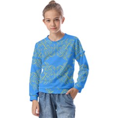 Floral Folk Damask Pattern Fantasy Flowers Floral Geometric Fantasy Kids  Long Sleeve Tee With Frill 