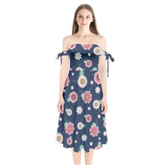 Flowers Pattern Shoulder Tie Bardot Midi Dress by Sparkle