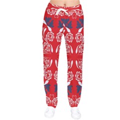 Floral Folk Damask Pattern Fantasy Flowers  Women Velvet Drawstring Pants by Eskimos