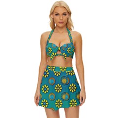 Yellow And Blue Proud Blooming Flowers Vintage Style Bikini Top And Skirt Set  by pepitasart