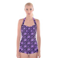 Electric Neon Abstract Print Pattern Boyleg Halter Swimsuit 