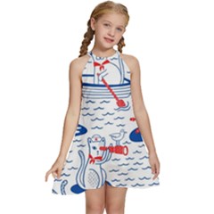 Nautical Cats Seamless Pattern Kids  Halter Collar Waist Tie Chiffon Dress by Jancukart