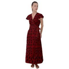 Micro Blood Red Cats Flutter Sleeve Maxi Dress by NerdySparkleGoth