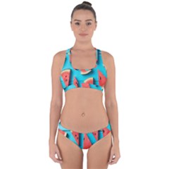 Watermelon Blue Background Cross Back Hipster Bikini Set by artworkshop