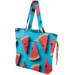 Watermelon Blue Background Drawstring Tote Bag by artworkshop