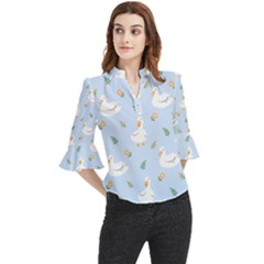 Duck-flower-seamless-pattern-background Loose Horn Sleeve Chiffon Blouse