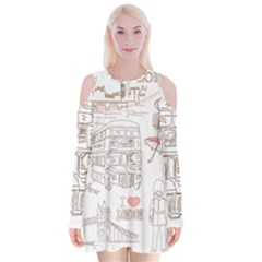 I Love London Drawing Velvet Long Sleeve Shoulder Cutout Dress by Jancukart