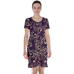 Golden Purple Flower Ornament Short Sleeve Nightdress by HWDesign