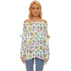 Doodle Off Shoulder Chiffon Pocket Shirt