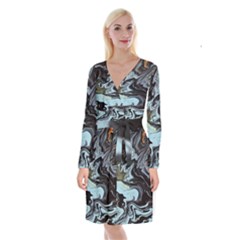 Abstract Painting Black Long Sleeve Velvet Front Wrap Dress