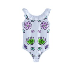 Floral Art Design Pattern Drawing Kids  Frill Swimsuit