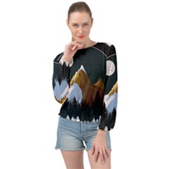 Mountains Forest Moon Stars View Banded Bottom Chiffon Top