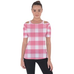 Pink And White Plaids Shoulder Cut Out Short Sleeve Top