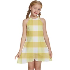 White And Yellow Plaids Kids  Halter Collar Waist Tie Chiffon Dress