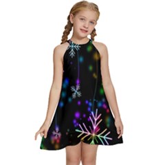 Snowflakes Lights Kids  Halter Collar Waist Tie Chiffon Dress