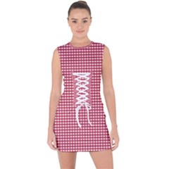 Red Gingham Check Lace Up Front Bodycon Dress