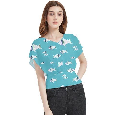 Blue Fish Pattern Butterfly Chiffon Blouse by danenraven