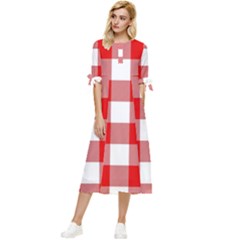 Red And White Plaids Bow Sleeve Chiffon Midi Dress