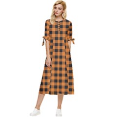 Orange Black Small Plaids Bow Sleeve Chiffon Midi Dress