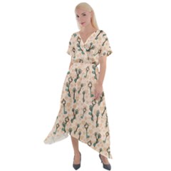 Romantic Heart Keys Cross Front Sharkbite Hem Maxi Dress