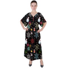 Christmas Thanksgiving Pattern V-neck Boho Style Maxi Dress by Ravend