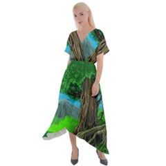 Green Forest Tropical Jungle Tree Wood Nature Cross Front Sharkbite Hem Maxi Dress