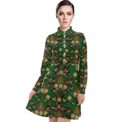 Ganesh Elephant Art With Waterlilies Long Sleeve Chiffon Shirt Dress by pepitasart