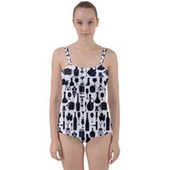 Wine Pattern Black White Twist Front Tankini Set by Jancukart