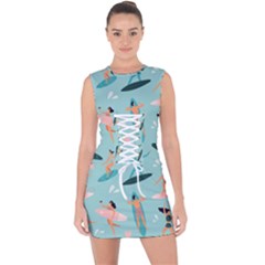 Beach-surfing-surfers-with-surfboards-surfer-rides-wave-summer-outdoors-surfboards-seamless-pattern- Lace Up Front Bodycon Dress