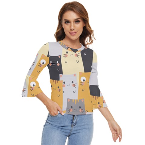 Seamless Pattern Cute Cat Cartoons Bell Sleeve Top by Wegoenart