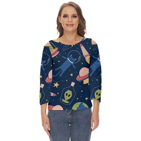 Seamless Pattern With Funny Alien Cat Galaxy Cut Out Wide Sleeve Top by Wegoenart