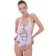 Set Kawaii Smile Japanese Dog Cartoon Backless Halter One Piece Swimsuit