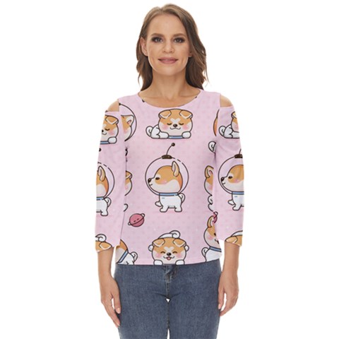 Set Kawaii Smile Japanese Dog Cartoon Cut Out Wide Sleeve Top by Wegoenart