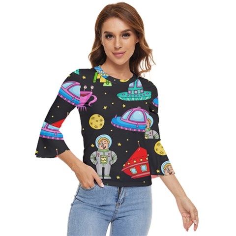 Seamless Pattern With Space Object Ufo Rocket Alien Hand Drawn Element Space Bell Sleeve Top by Wegoenart