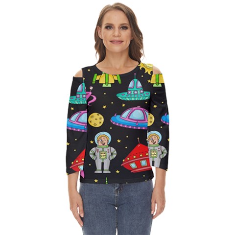 Seamless Pattern With Space Object Ufo Rocket Alien Hand Drawn Element Space Cut Out Wide Sleeve Top by Wegoenart