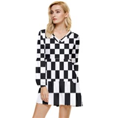 Chess Board Background Design Tiered Long Sleeve Mini Dress by Wegoenart