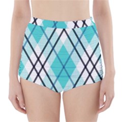 Ice Blue Diagonal Plaids High-waisted Bikini Bottoms