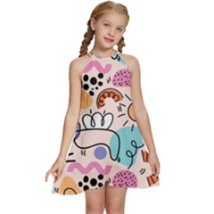 Abstract Doodle Pattern Kids  Halter Collar Waist Tie Chiffon Dress