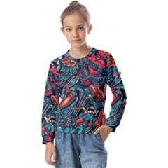 Vintage Tattoos Colorful Seamless Pattern Kids  Long Sleeve Tee With Frill 