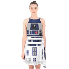 Robot R2d2 R2 D2 Pattern Halter Collar Waist Tie Chiffon Dress by Jancukart