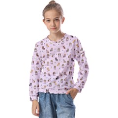 Puppies Dog Pattern Drawing Kids  Long Sleeve Tee With Frill 