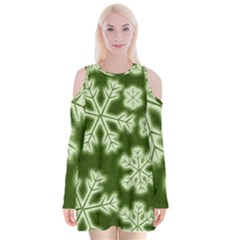 Snowflakes And Star Patterns Green Frost Velvet Long Sleeve Shoulder Cutout Dress by artworkshop