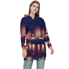 Night Houses River Bokeh Leaves Fall Autumn Women s Long Oversized Pullover Hoodie