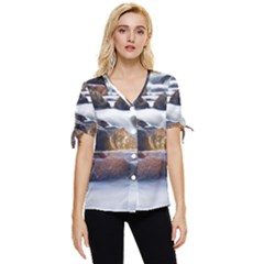 River Nature Stream Brook Water Rocks Landscape Bow Sleeve Button Up Top