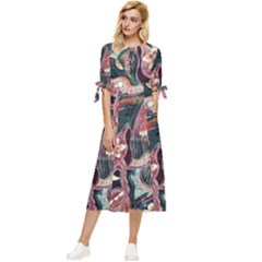 Indonesia Bali Batik Fabric Impression Patterns Bow Sleeve Chiffon Midi Dress