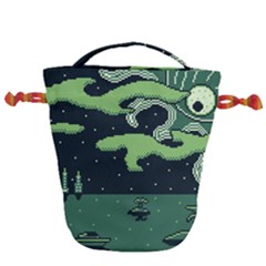 Ship Sea Monster Boat Island Night Pixel Drawstring Bucket Bag by Pakemis