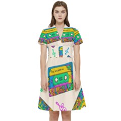 Seamless Pattern With Colorfu Cassettes Hippie Style Doodle Musical Texture Wrapping Fabric Vector Short Sleeve Waist Detail Dress