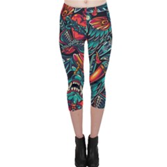 Vintage Tattoos Colorful Seamless Pattern Capri Leggings  by Pakemis